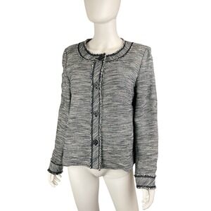 J JILL‎ Tweed Bouclé Jacket Blazer Round Neck Raw Frayed Hem Preppy Blue Medium